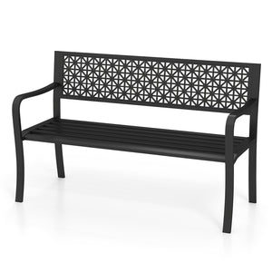 50 Inch Garden Bench with Patterned Backrest and Curved Armrests for 2-3 Person-Black view 4