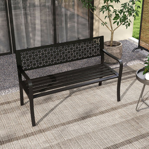 50 Inch Garden Bench with Patterned Backrest and Curved Armrests for 2-3 Person-Black view 6