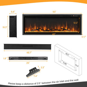 50 Inches Electric Fireplace in-Wall Recessed with Remote Control and Adjustable Color and Brightness-50 inches view 4