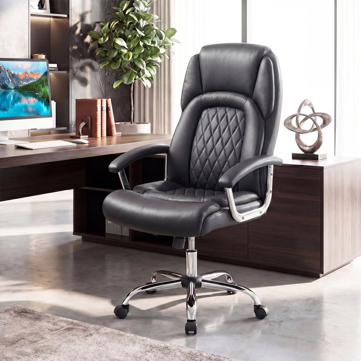 Height Adjustable Big and Tall Office Chair Computer Desk Chair with Metal Base-Black view 2