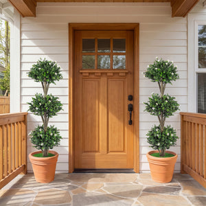 51 inches Artificial Triple Ball Boxwood Topiary Tree with 59 Blossoms Set of 2-White view 2