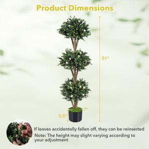 51 inches Artificial Triple Ball Boxwood Topiary Tree with 59 Blossoms Set of 2-White view 4