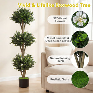 51 inches Artificial Triple Ball Boxwood Topiary Tree with 59 Blossoms Set of 2-White view 9