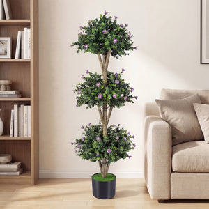 51 inches Artificial Triple Ball Boxwood Topiary Tree with 59 Blossoms-Purple view 2