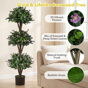51 inches Artificial Triple Ball Boxwood Topiary Tree with 59 Blossoms-Purple view 9