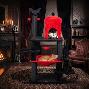 51” Gothic Multi-level Cat Tree with Spider Hanging Toy for Black Halloween-Red view 6