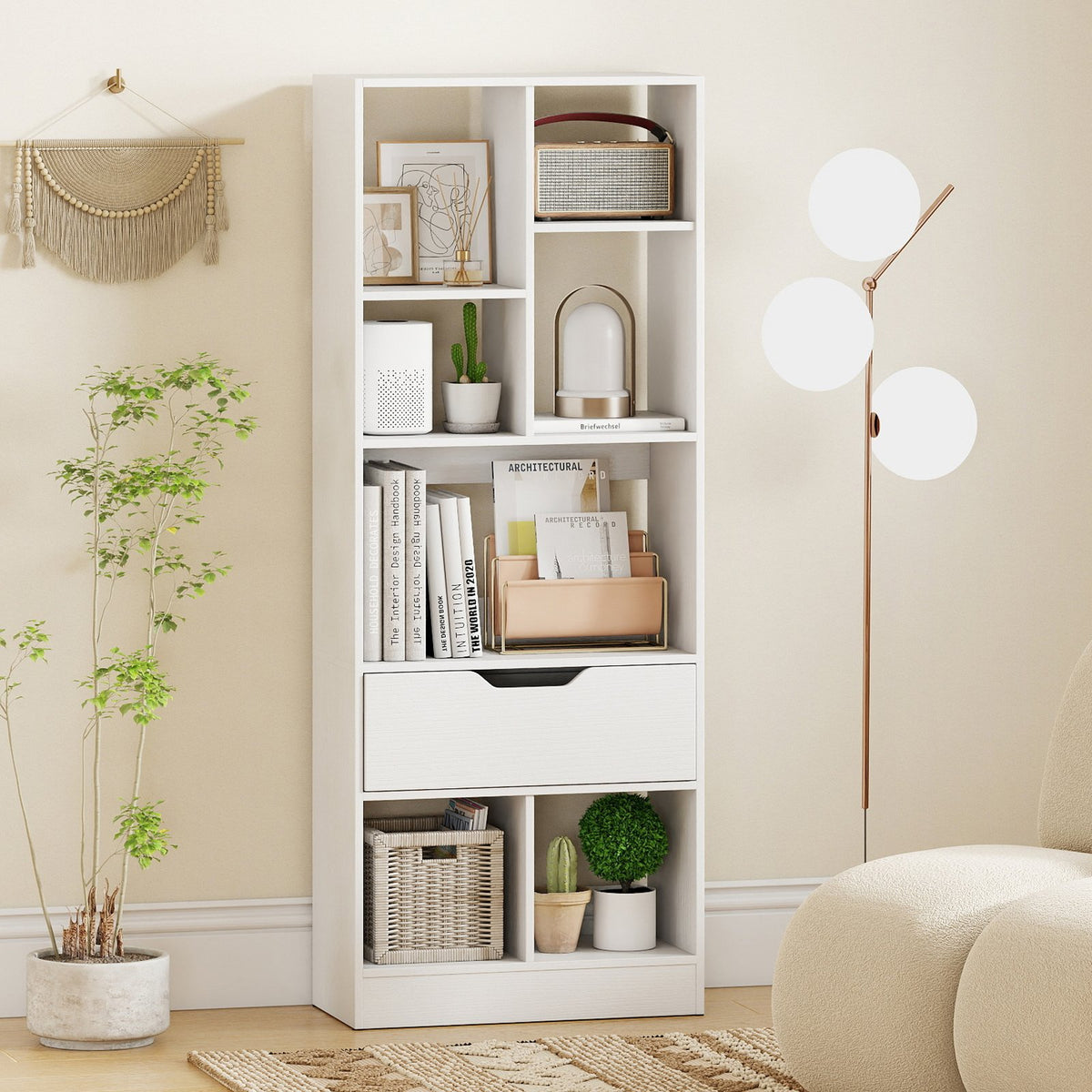 51inch Tall Freestanding Bookcase with Drawer 7-Cube Storage Organizer-White view 2