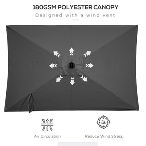 6' x 10' Patio Umbrella with 22 LED Solar Lights and Tilt, Rectangular Outdoor Table Umbrella with Crank, Dark Grey