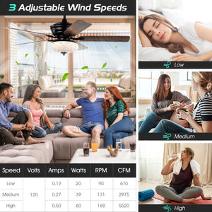 52 Inch Ceiling Fan with 3 Wind Speeds and 5 Reversible Blades-Black view 5