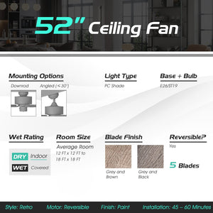 52 Inch Ceiling Fan with 3 Wind Speeds and 5 Reversible Blades-Gray view 8