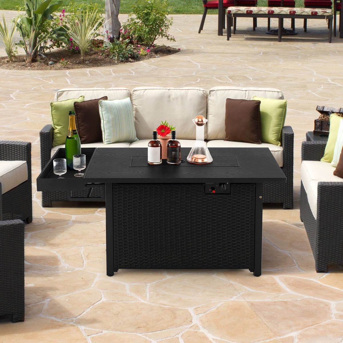 52 Inches Outdoor Wicker Gas Fire Pit Propane Fire Table with Cover-Black view 2