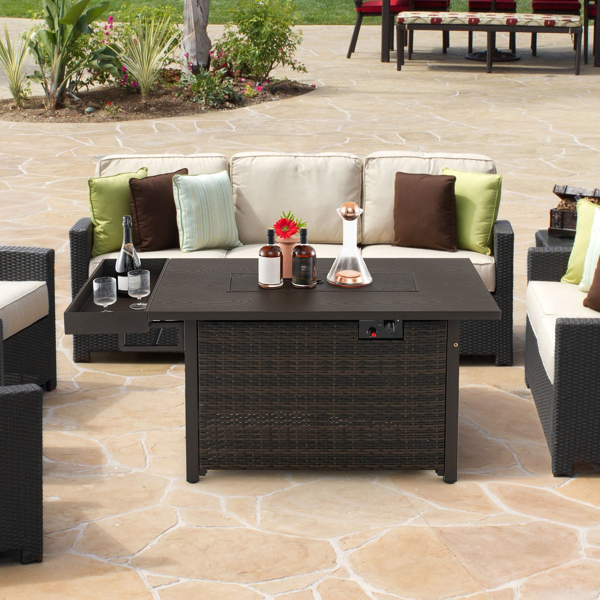 52 Inches Outdoor Wicker Gas Fire Pit Propane Fire Table with Cover-Brown view 2