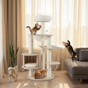 52 Inches Tall Wooden Cat Tree with Washable Plush Cushions and Multi-Level Climbing Stand view 6