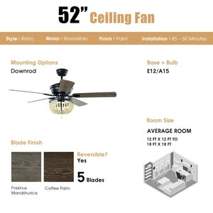 52 Inch Retro Ceiling Fan Light with Reversible Blades Remote Control-Black view 4