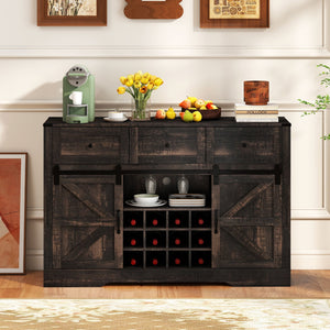 52 Inches Wine Bar Cabinet with LED Lights and Sliding Barn Doors-Black view 6