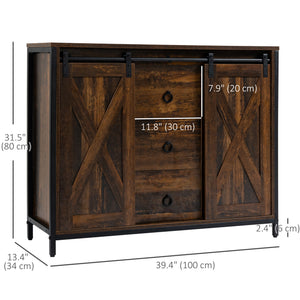 Industrial Buffet Cabinet, Kitchen Sideboard with Sliding Barn Doors, Three Drawers and Adjustable Shelves, Rustic Brown