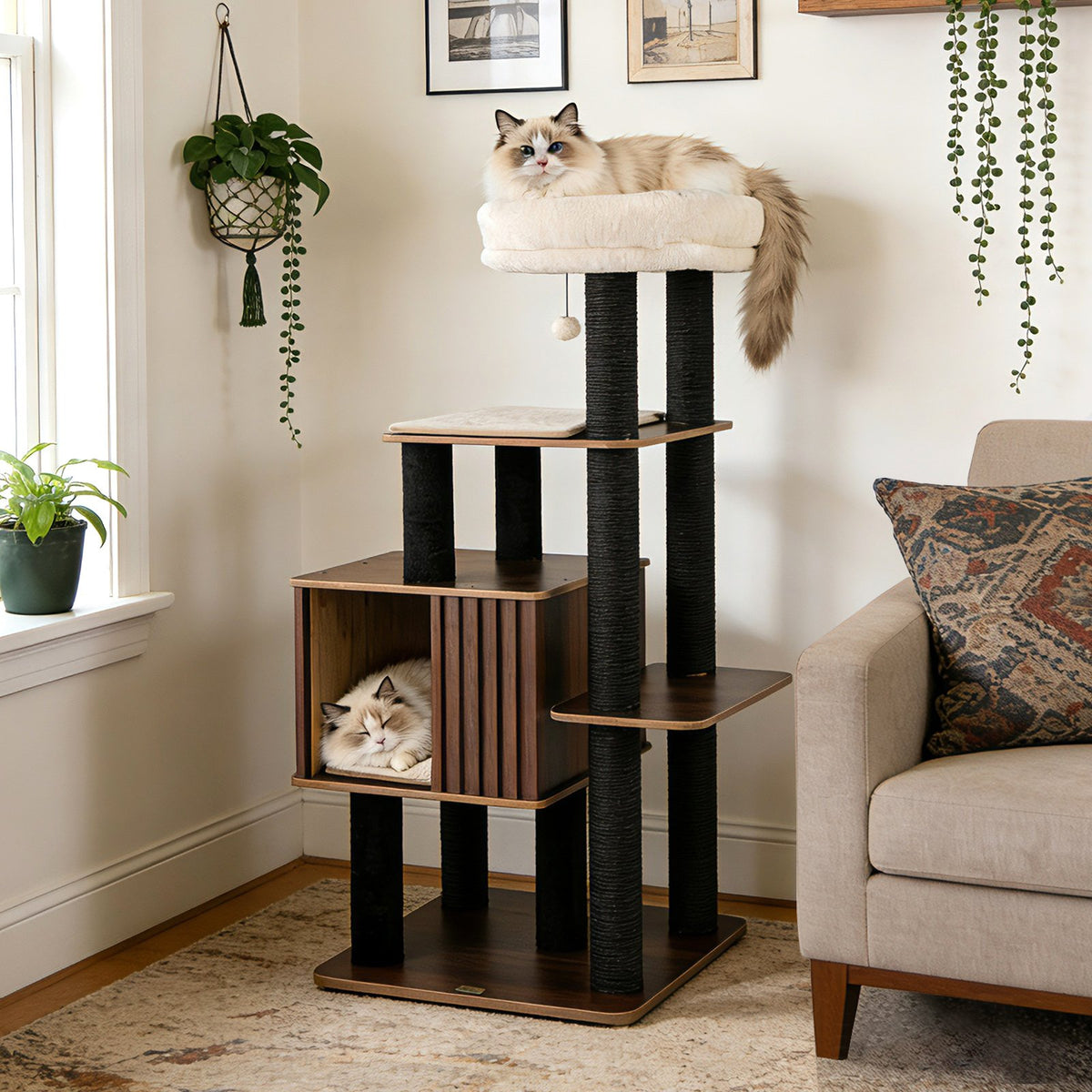 53.5 inch Tall Cat Tree for Indoor Cat Wooden Cat Tower Top Perch with Soft Padding-Brown view 2