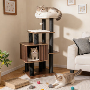 53.5 inch Tall Cat Tree for Indoor Cat Wooden Cat Tower Top Perch with Soft Padding-Brown view 3