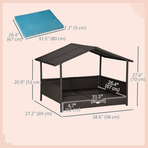 Rattan Dog House with Canopy, Wicker Dog Bed with Water-Resistant Cushion, for Small and Medium Breeds Blue