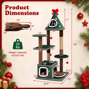 54 inchesChristmas Cat Tree with 2 Condos and Removable Cushion-Green view 5