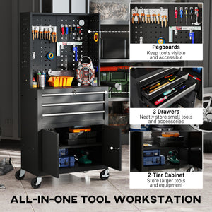 Rolling Tool Cabinet with Pegboard, Lockable Tool Chest, Mobile Tool Storage Organizer for Garage and Workshop, Black