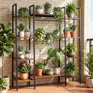 55.5 inch Tall Plant Stand 10-Tier Plant Rack with 16 Colors LED Strip Lights-Rustic Brown view 2