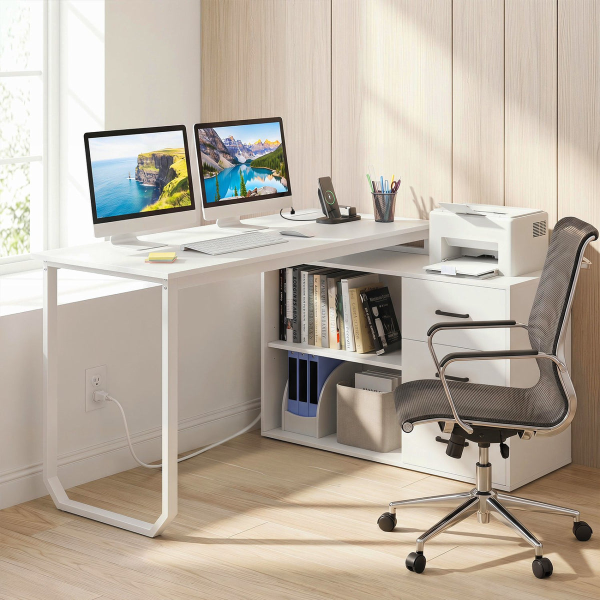 55 Inch Reversible L Shaped Desk with 3 Drawers Home Office Desk with Adjustable Shelf-White view 2
