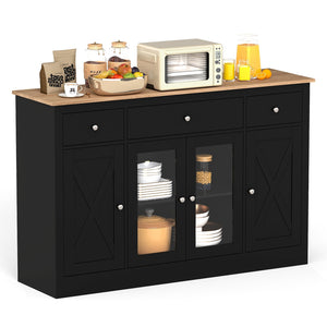55 inches Large Buffet Sideboard Kitchen Storage Cabinet with 3 Drawers 2 See-through Doors Adjustable Shelves Wine Bar Table-Black