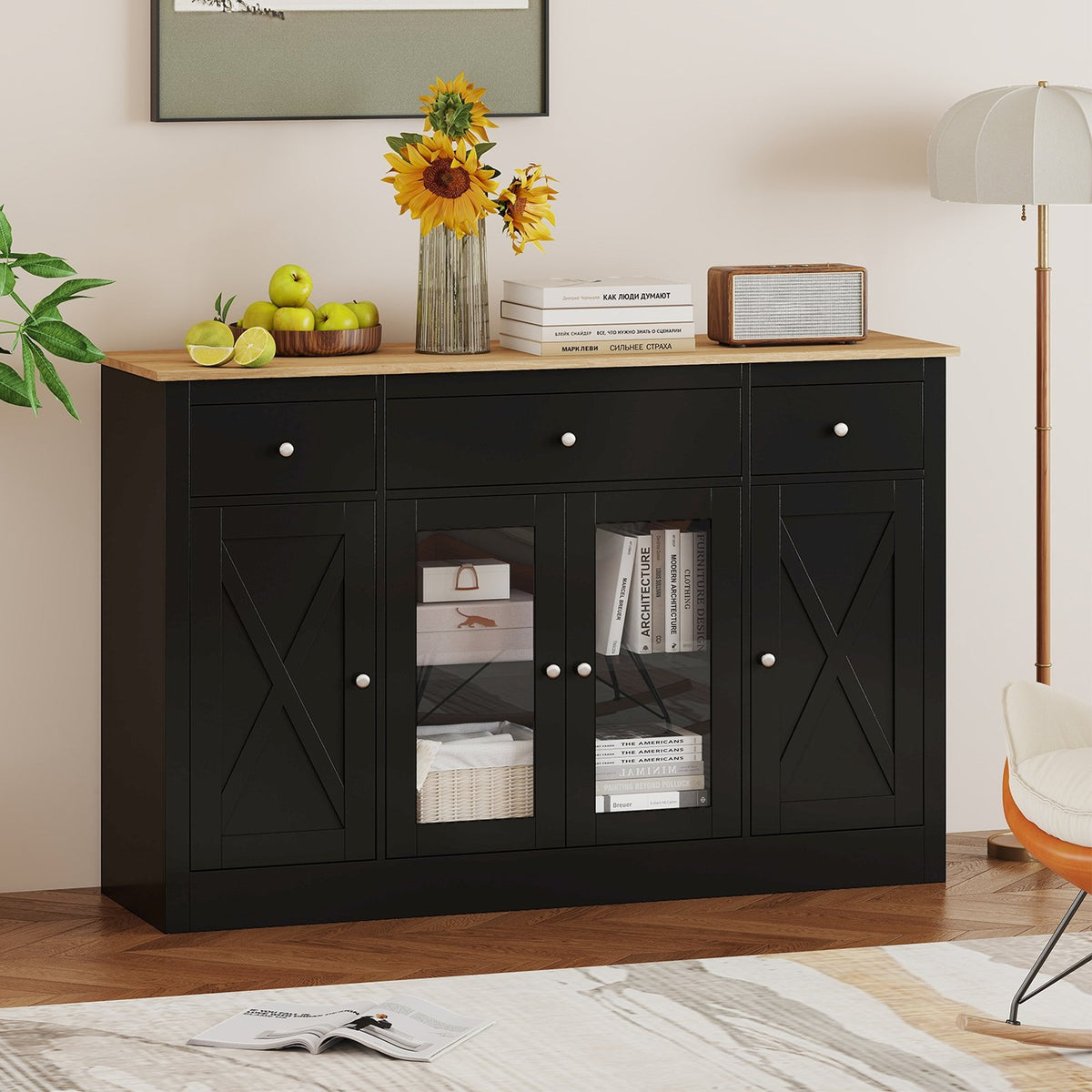 55 inches Large Buffet Sideboard Kitchen Storage Cabinet with 3 Drawers 2 See-through Doors Adjustable Shelves Wine Bar Table-Black view 2