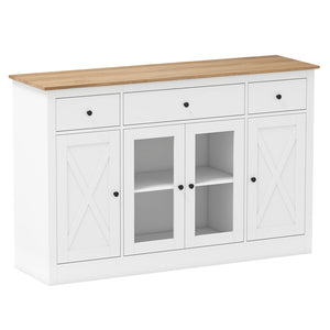 55 inches Large Buffet Sideboard Kitchen Storage Cabinet with 3 Drawers 2 See-through Doors Adjustable Shelves Wine Bar Table-White