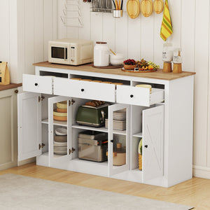 55 inches Large Buffet Sideboard Kitchen Storage Cabinet with 3 Drawers 2 See-through Doors Adjustable Shelves Wine Bar Table-White view 3