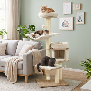 55 inches Solid Rubber Wood Cat Tree with Condo & Hammock and Scratching Posts for Adult Cats-Beige view 3