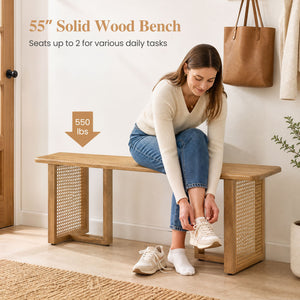 55 inches Solid Rubber Wood Dining Bench with Rattan Legs-Natural view 7