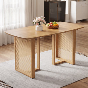 55” Solid Rubber Wood Dining Table Set Boho Rectangular Dining Table with 2 Benches-Natural view 5