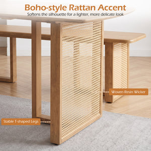 55” Solid Rubber Wood Dining Table Set Boho Rectangular Dining Table with 2 Benches-Natural view 8