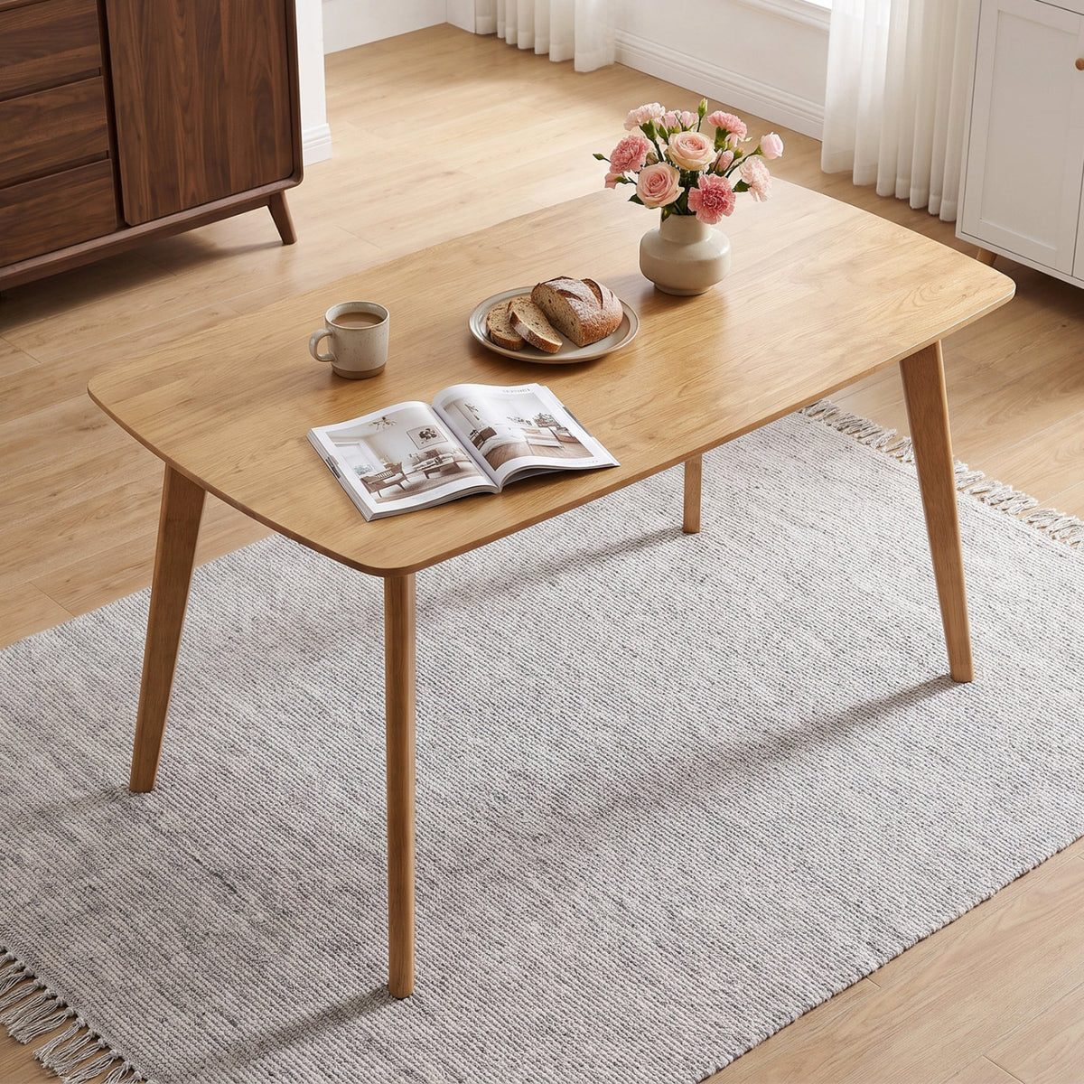 55 inches Solid Wood Dining Table for 4-6 People with Rounded Edges-Natural view 2