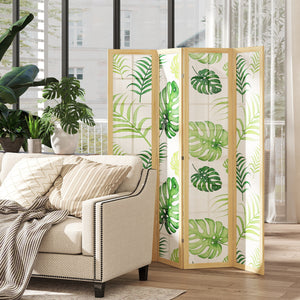 4 Panel Folding Privacy Screen, 67" Room Divider with Palm Leaf Design for Living Room Bedroom, Natural and Green