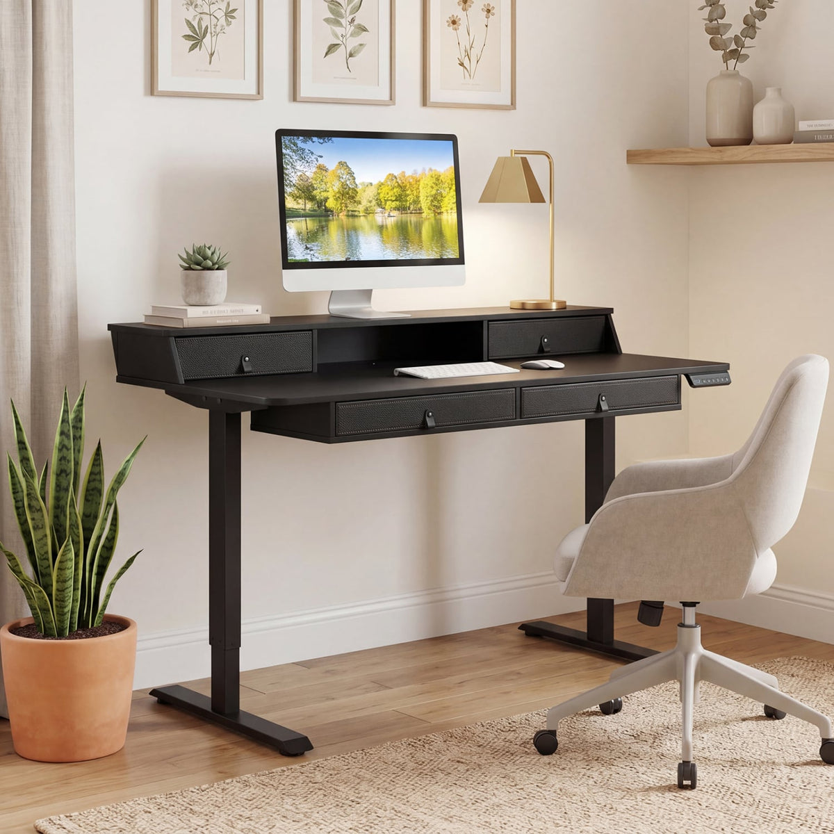 55 Inch x 27 Inch Electric Standing Desk with Drawers-Black view 2