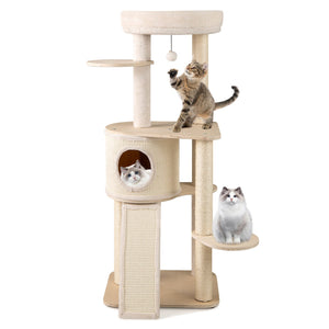 56 Inch Tall Cat Tree with 2 Sisal Scratching Posts and Ladder-Natural
