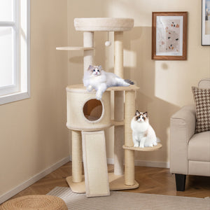 56 Inch Tall Cat Tree with 2 Sisal Scratching Posts and Ladder-Natural view 2