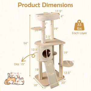 56 Inch Tall Cat Tree with 2 Sisal Scratching Posts and Ladder-Natural view 5