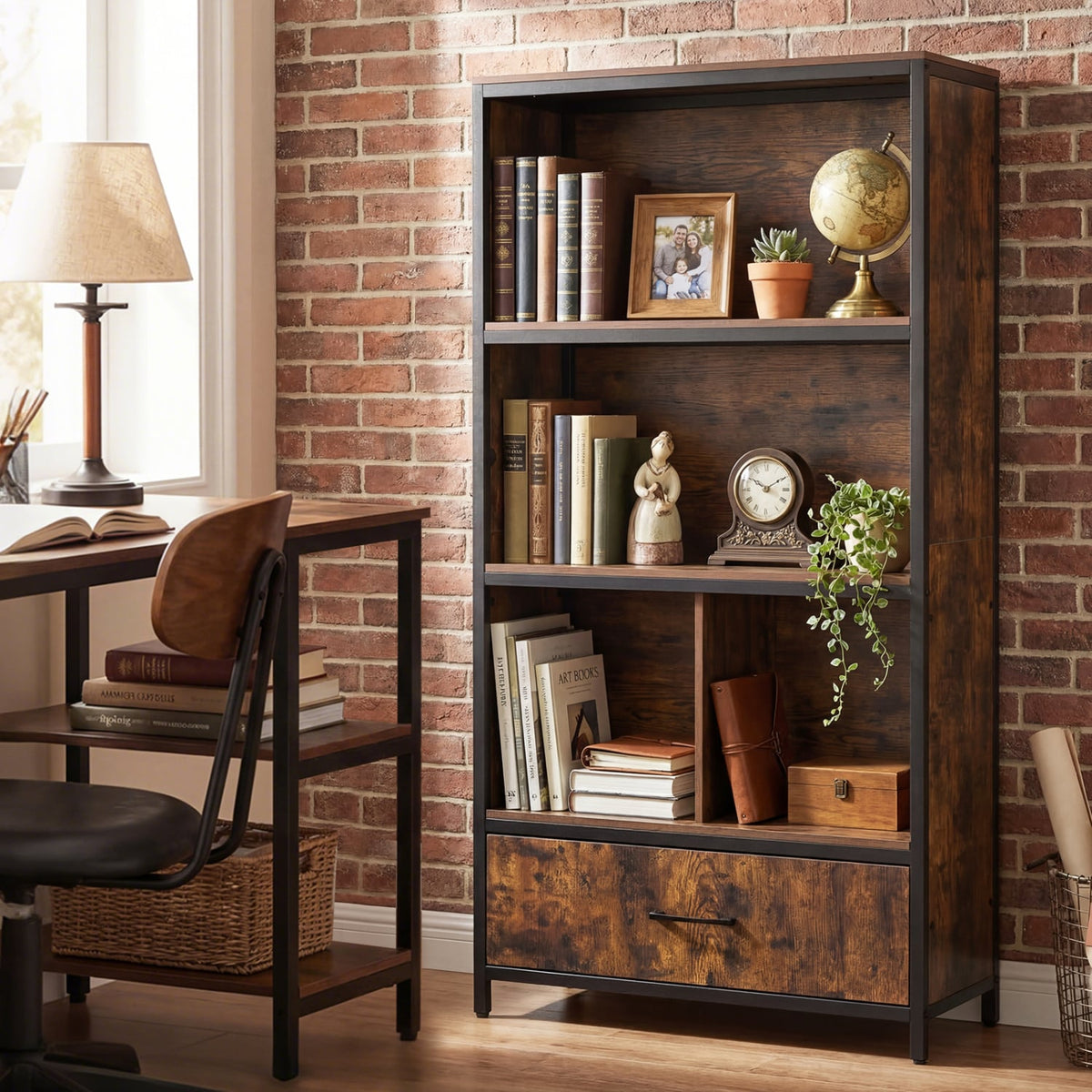 56 inches Tall Freestanding Bookcase with Drawer 5 Tier-RusticBrown view 2