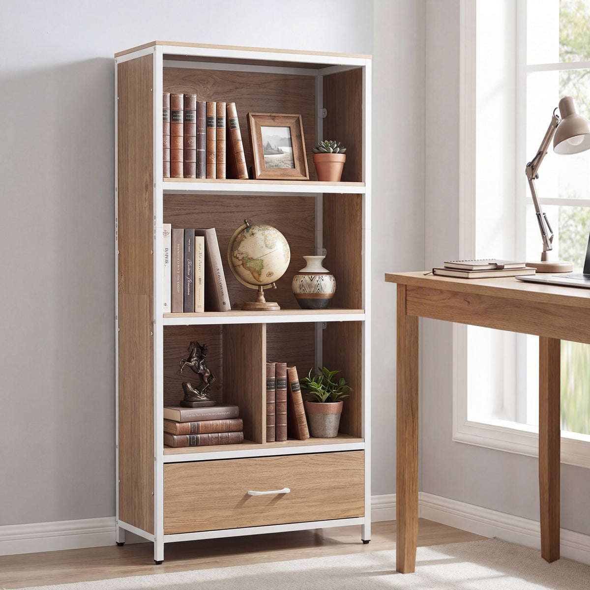 56 inches Tall Freestanding Bookcase with Drawer 5 Tier-Natural view 2