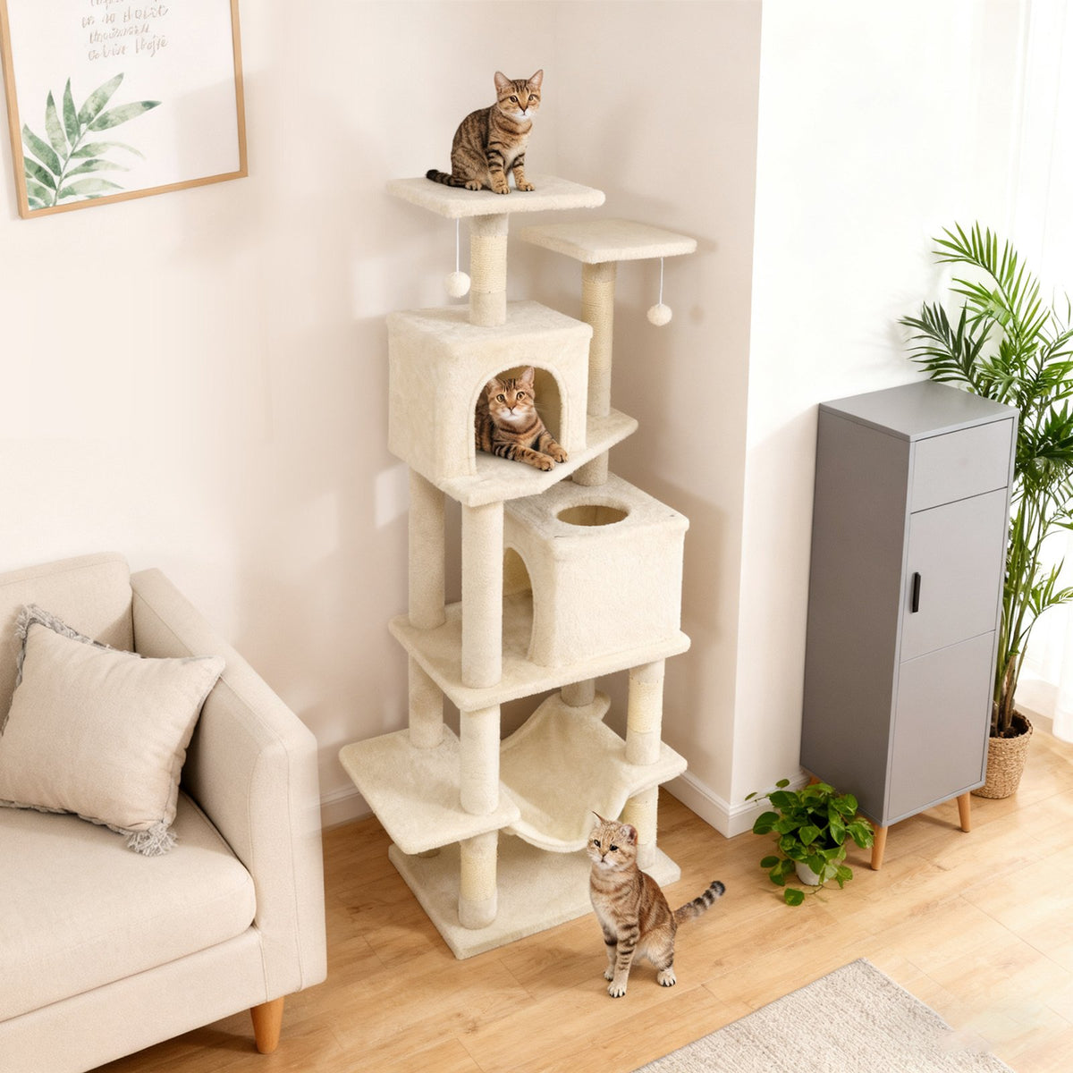 57 Inch Cat Tree with Dual Condos and Hammock and 2 Dangling Balls-Beige view 2