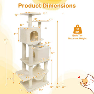 57 Inch Cat Tree with Dual Condos and Hammock and 2 Dangling Balls-Beige view 5