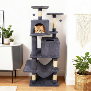 57 Inch Cat Tree with Dual Condos and Hammock and 2 Dangling Balls-Gray view 3