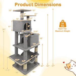 57 Inch Cat Tree with Dual Condos and Hammock and 2 Dangling Balls-Light Gray view 5