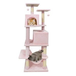 57 Inch Cat Tree with Dual Condos and Hammock and 2 Dangling Balls-Pink view 4