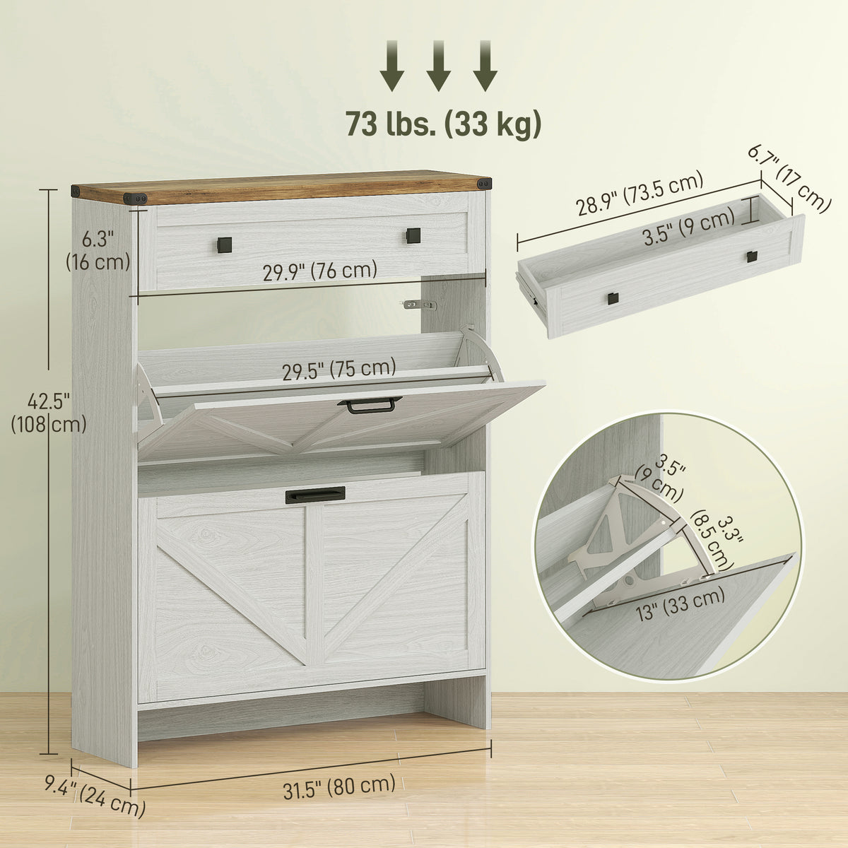 Narrow Shoe Storage Cabinet, Farmhouse Shoe Cabinet with 2 Flip Drawers, 1 Drawer, 12 Pairs for Entryway, White
