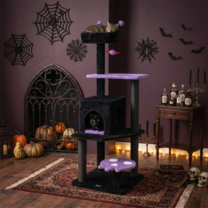 57 inches Spooky Cat Tower with Padded Perch and Spider-shaped Hanging Toy-Purple view 2